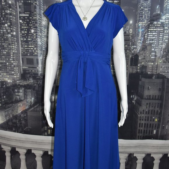Evan Picone sz 12P Saphire Blue Short Fluttering Cap Sleeve V-Neck Dress - Picture 1 of 7